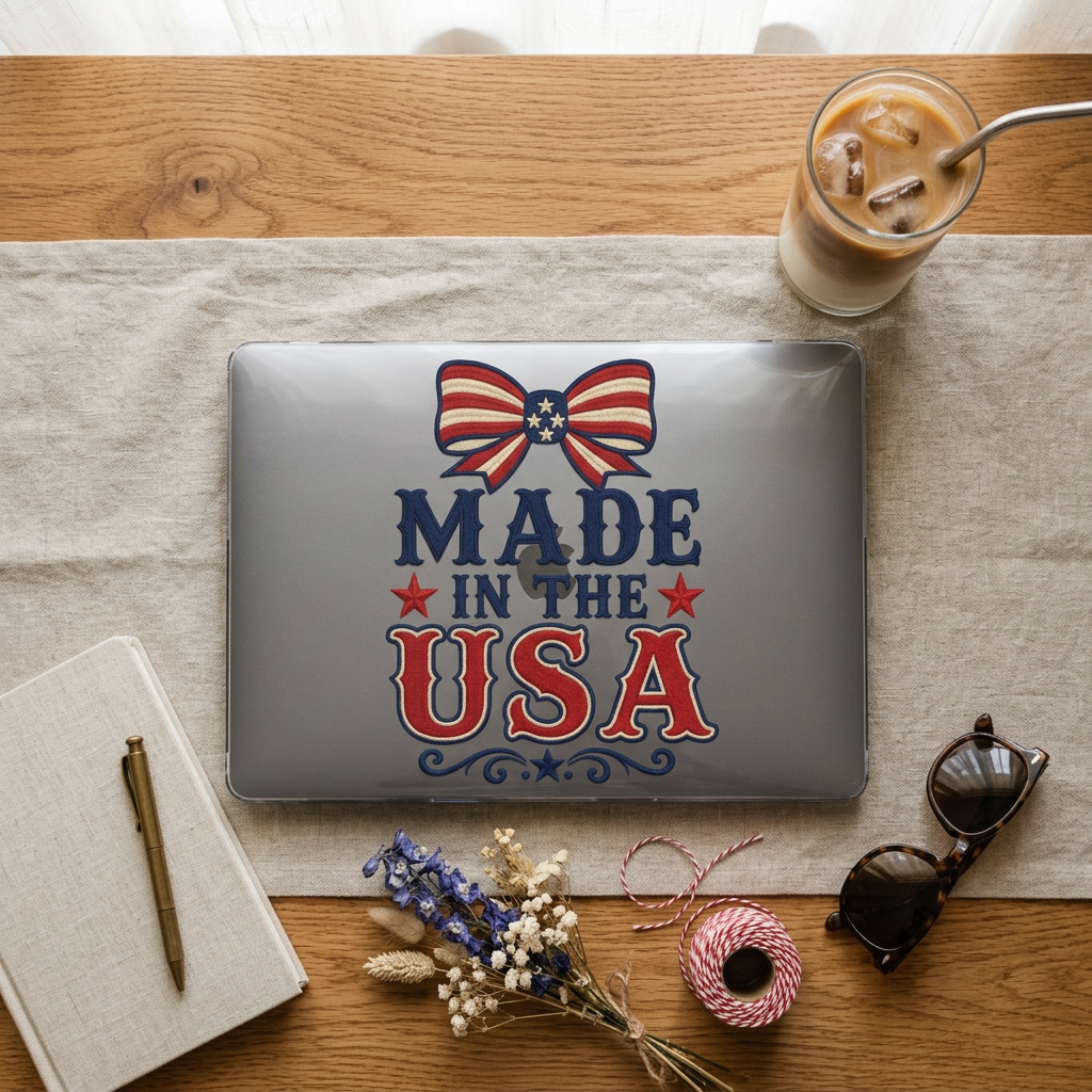 Patriotic Made in the USA Clear MacBook Case, Americana Laptop Cover with Bow, Red White Blue MacBook Shell, Vintage USA MacBook Protector