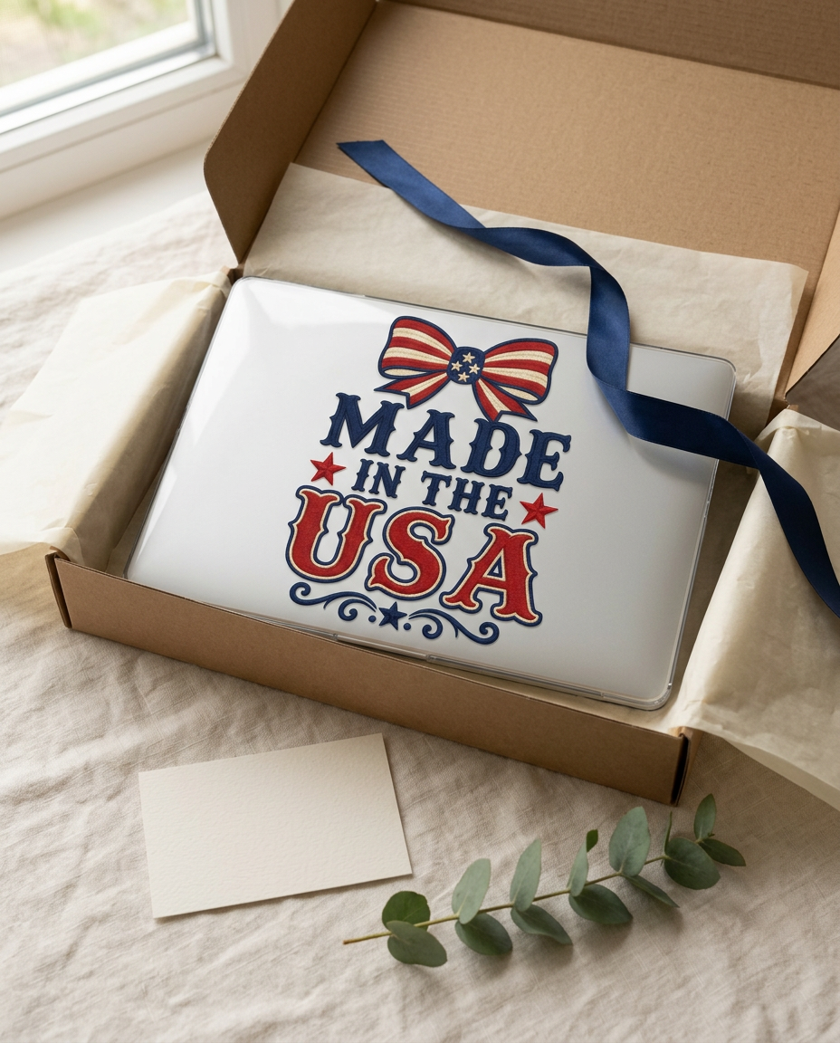 Patriotic Made in the USA Clear MacBook Case, Americana Laptop Cover with Bow, Red White Blue MacBook Shell, Vintage USA MacBook Protector
