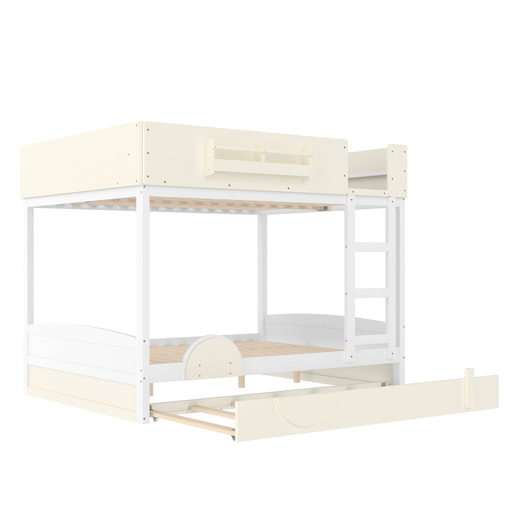 Queen Bunk Bed with Trundle , Wood Bunk Bed Frame with Built-in Bookshelf and High-quality Safety Guardrail,Automobile Form Design for Kids ,White＆ Beige.