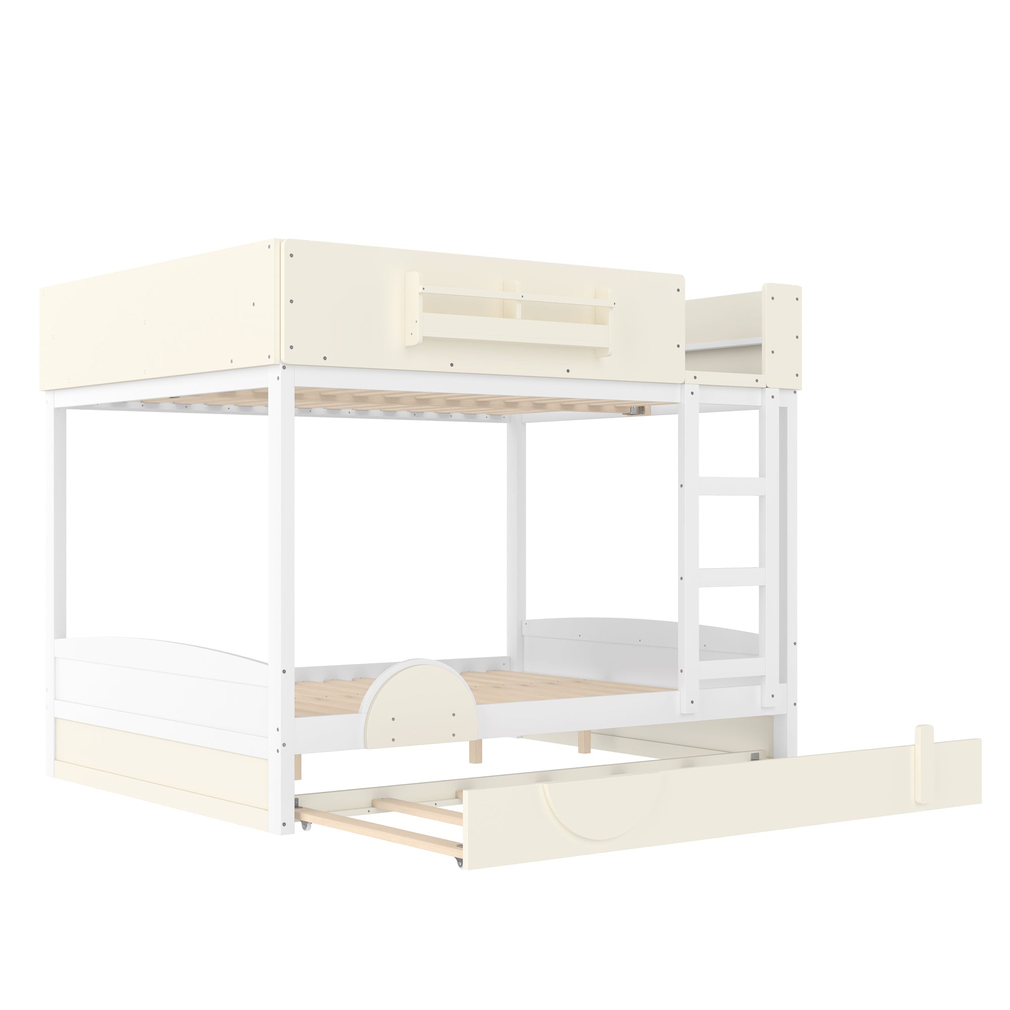 Queen Bunk Bed with Trundle , Wood Bunk Bed Frame with Built-in Bookshelf and High-quality Safety Guardrail,Automobile Form Design for Kids ,White＆ Beige.