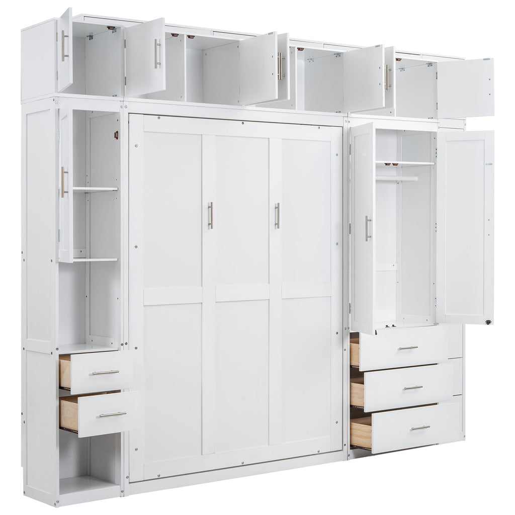 White Full Size Murphy Bed with Lockers and Wardrobes, MDF+Pine, 108.4''L x 15.7''W x 99''H