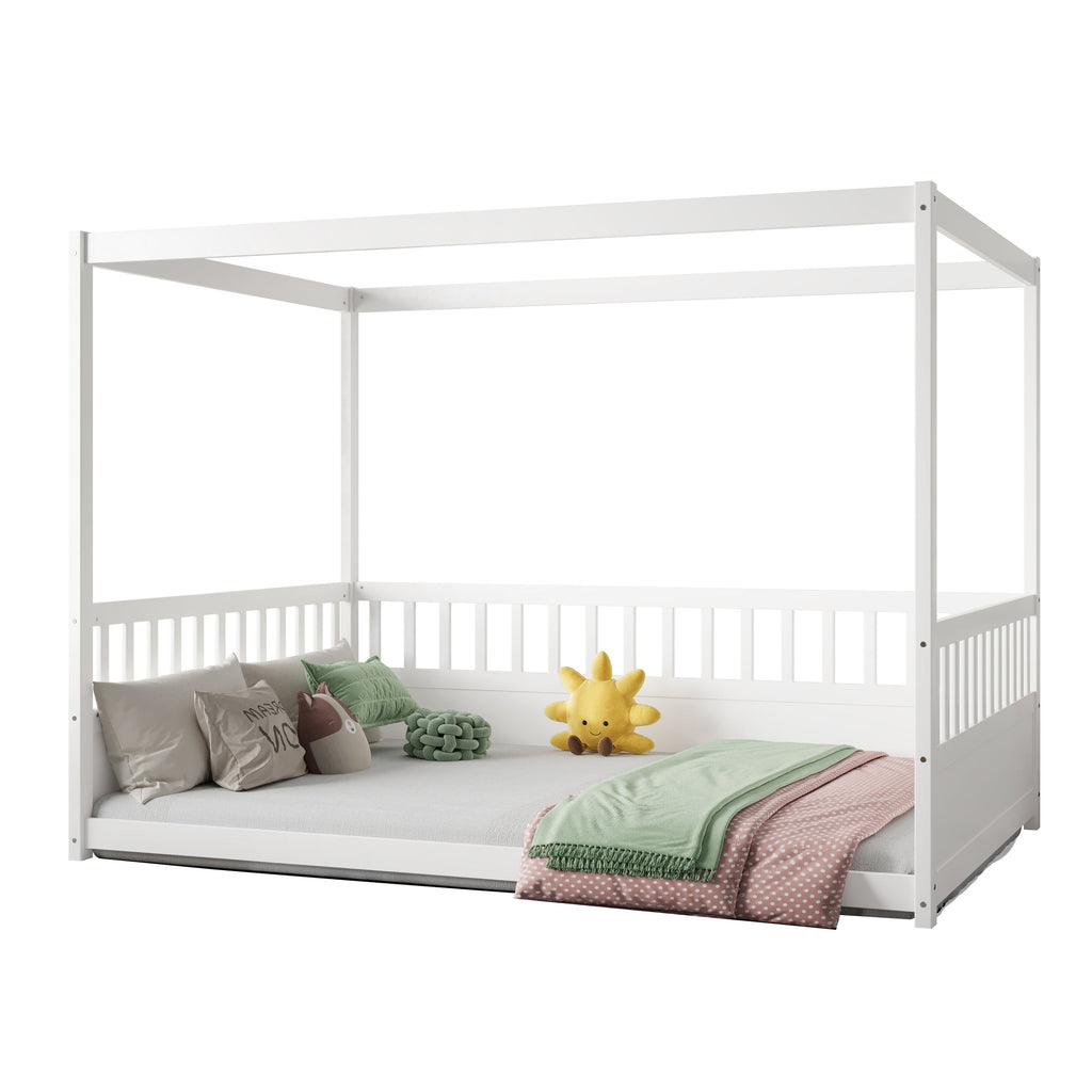 Full Size Canopy Bed Frame with Guardrails for Kids,Floor Bed Full with Four Poster Design,Kids Montessori Floor Bed,Wood Canopy Bed Frame for Girls,Boys(Full,White)