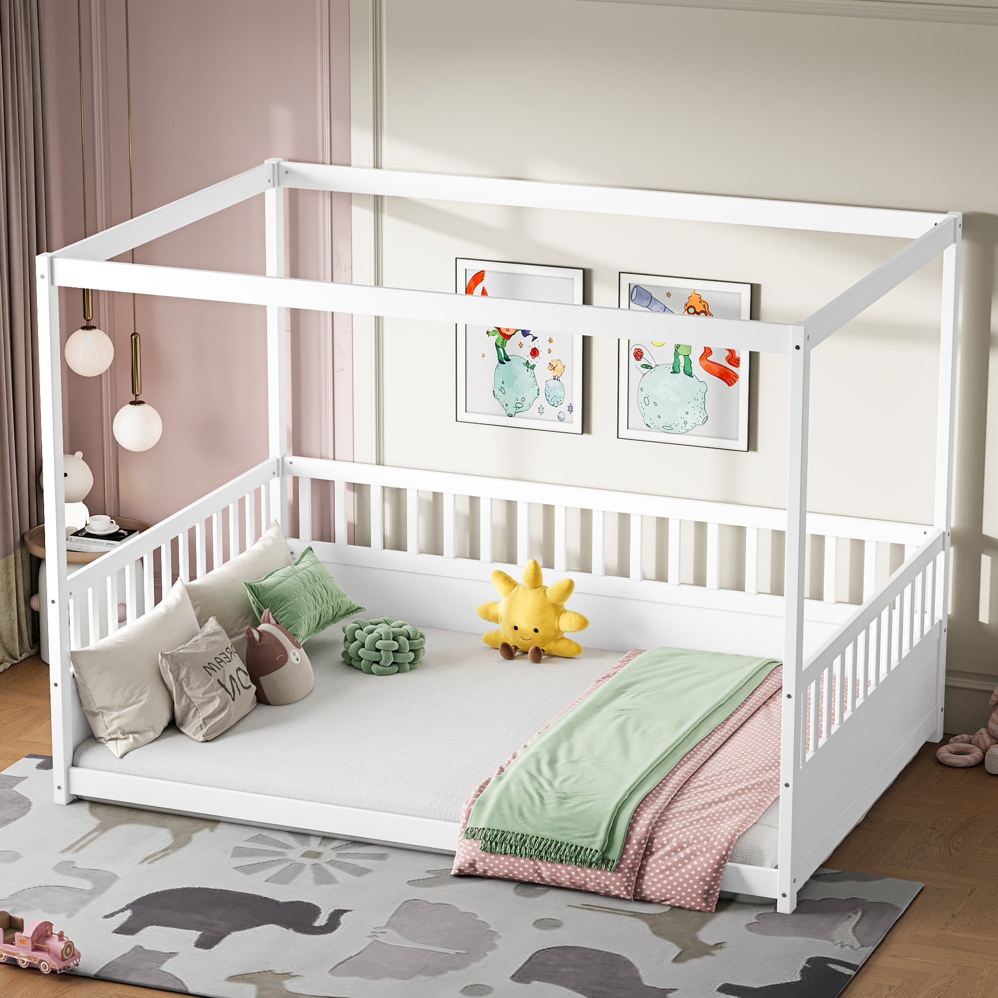 Full Size Canopy Bed Frame with Guardrails for Kids,Floor Bed Full with Four Poster Design,Kids Montessori Floor Bed,Wood Canopy Bed Frame for Girls,Boys(Full,White)