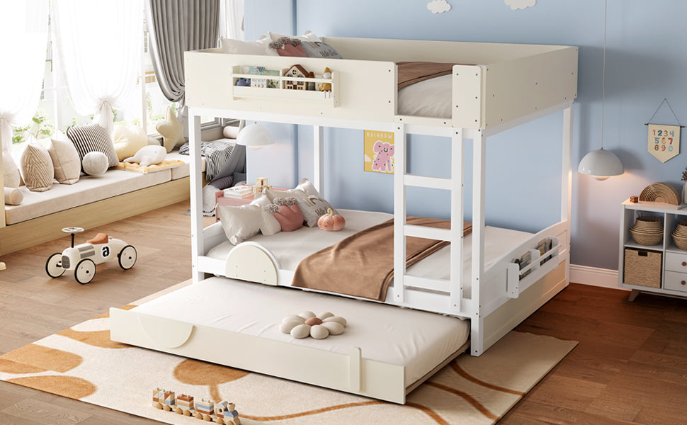 Queen Bunk Bed with Trundle , Wood Bunk Bed Frame with Built-in Bookshelf and High-quality Safety Guardrail,Automobile Form Design for Kids ,White＆ Beige.