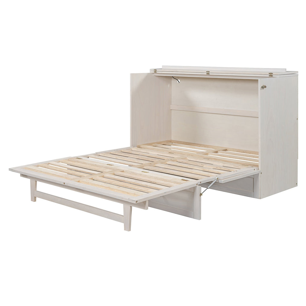 Queen Size Murphy Bed with Large Drawers & USB Ports,Brushed White