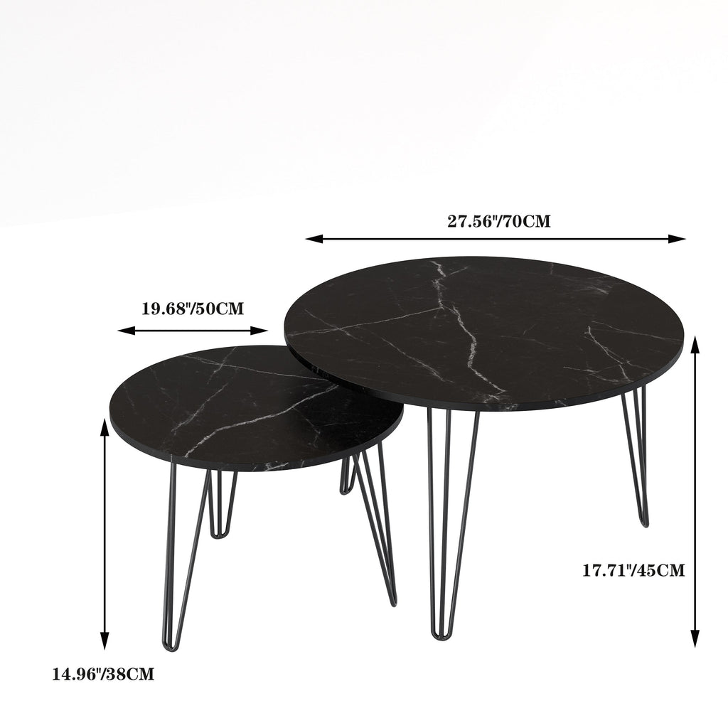 27.56'' Round Nesting Coffee Table Set of 2, Circular Nesting End Table Set, Round Marble Tabletop, and Sturdy Metal Base for Living Room, bedroom, Black