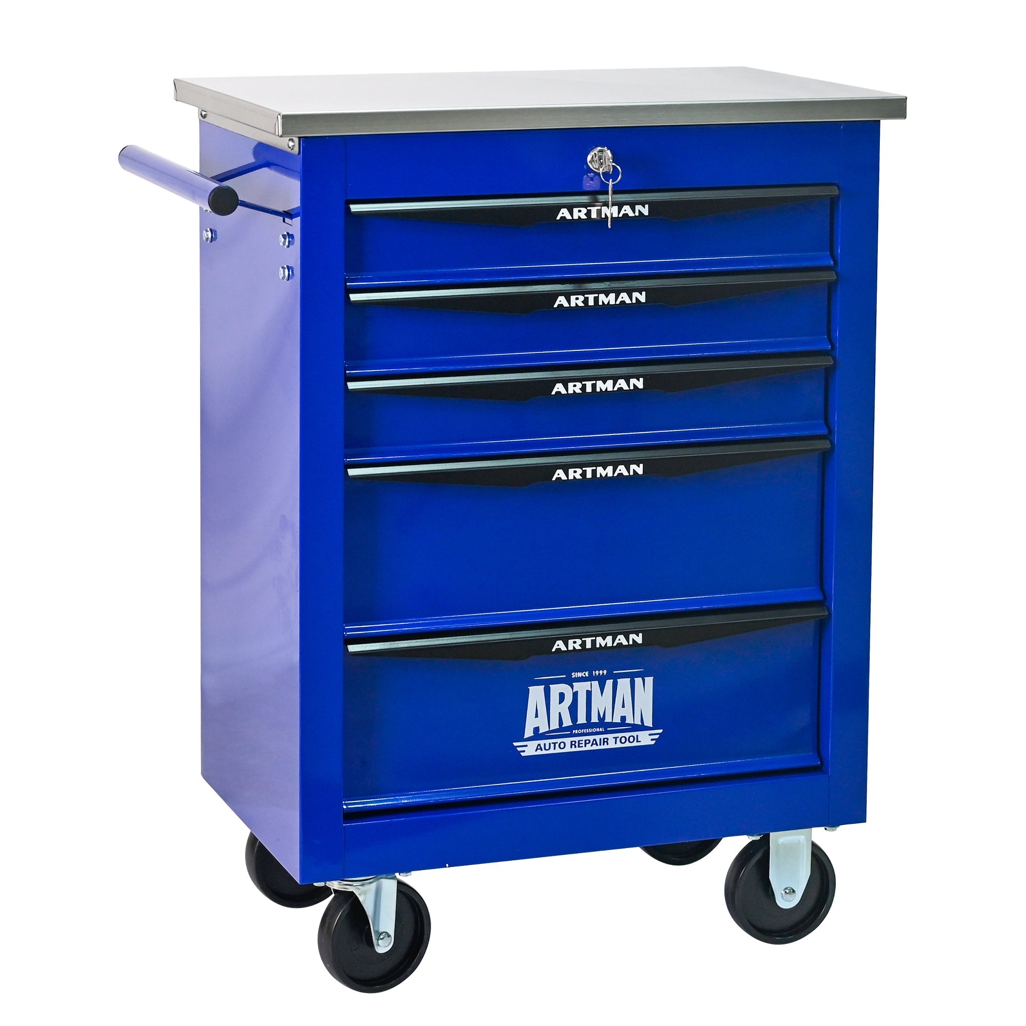 5 Drawers Multifunctional Tool Cart with Wheels,Metal Rolling Tool Cart Storage for Garage Workshop Warehouse Repair Shop--With Stainless Steel Roof- BLACK&BLUE
