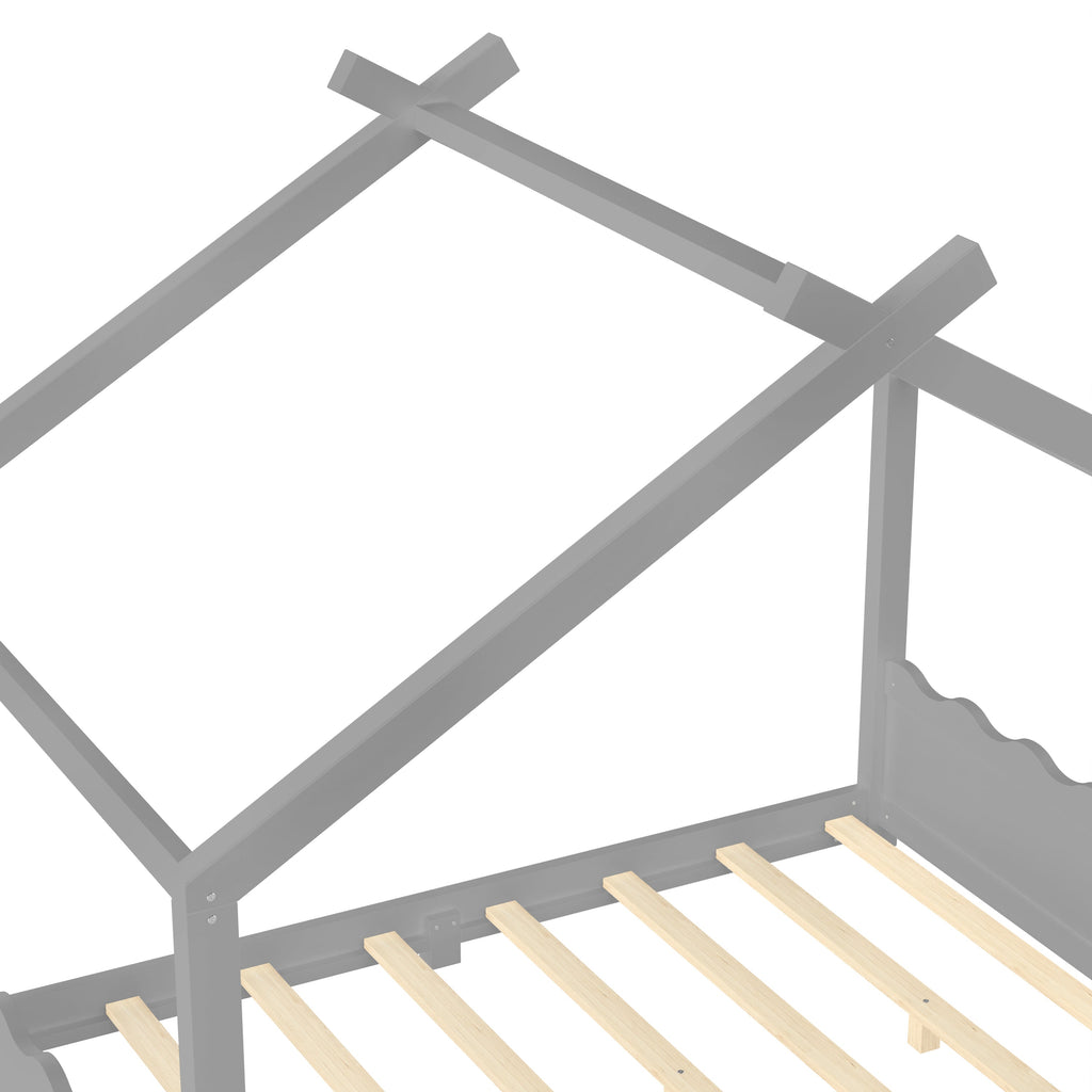 Full House Floor Bed with Support Slats, Solid Wood House Bed Frame for Kids, No Box Spring Needed and Opening Constructure, Gray
