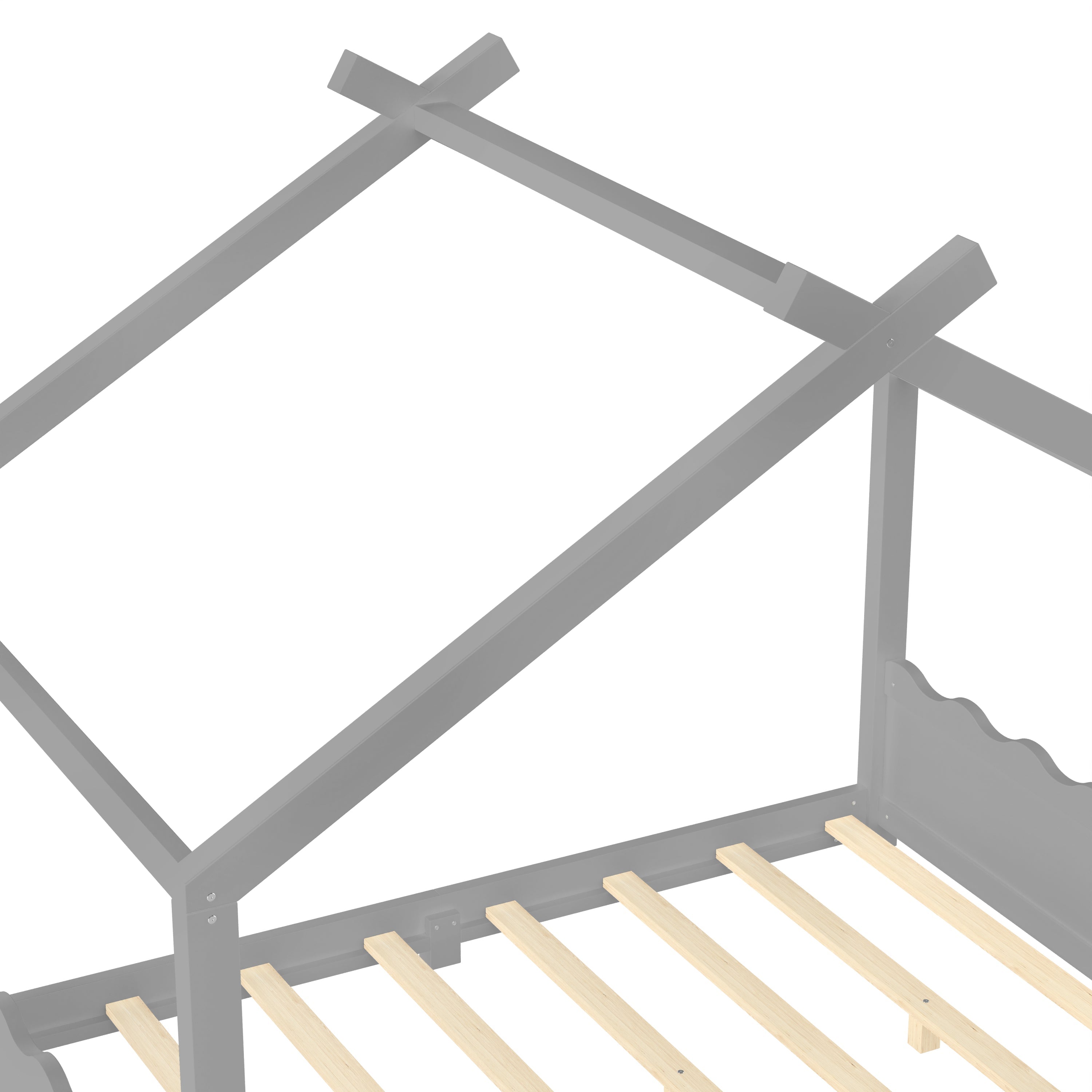 Full House Floor Bed with Support Slats, Solid Wood House Bed Frame for Kids, No Box Spring Needed and Opening Constructure, Gray