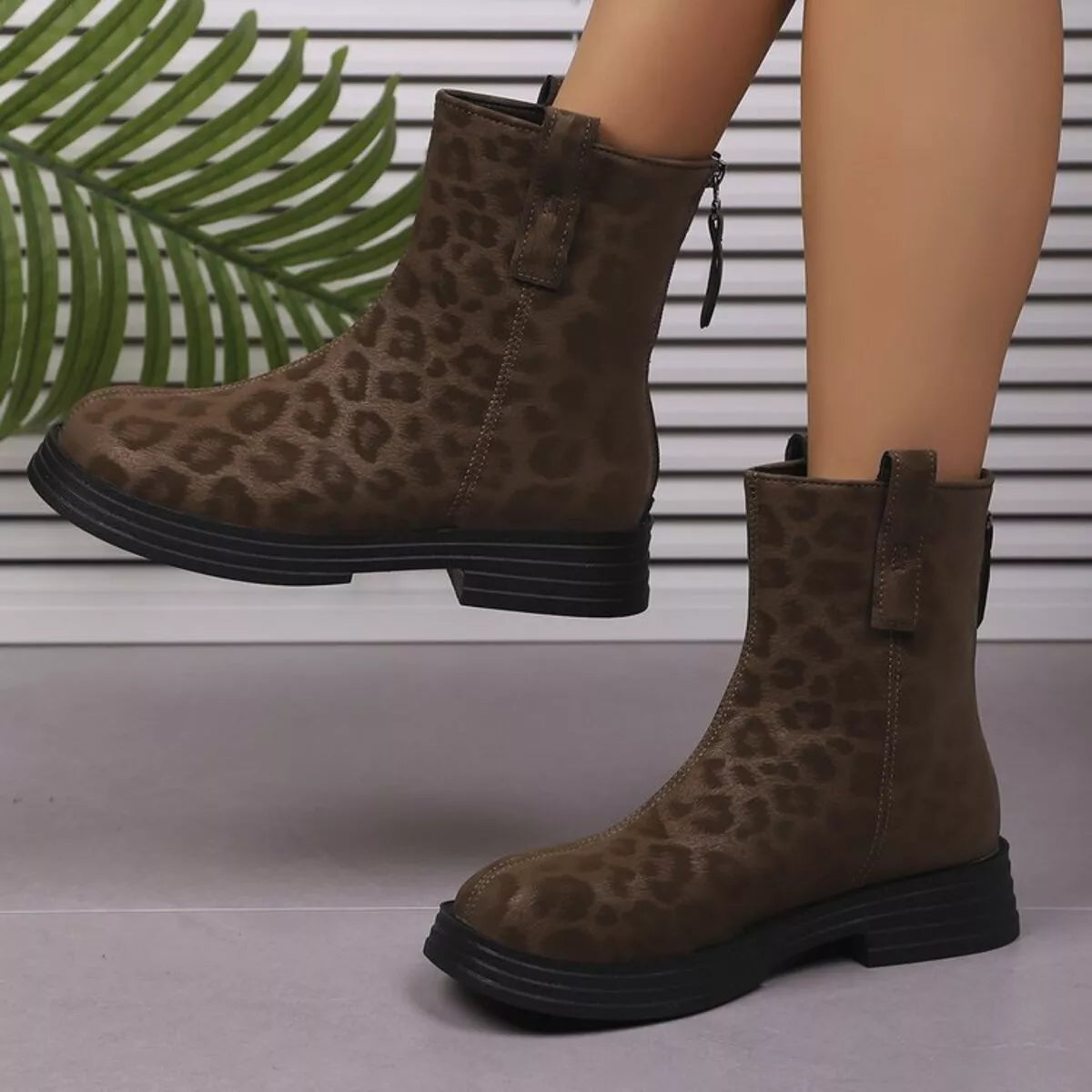 Leopard Round Toe Block Heels Boots