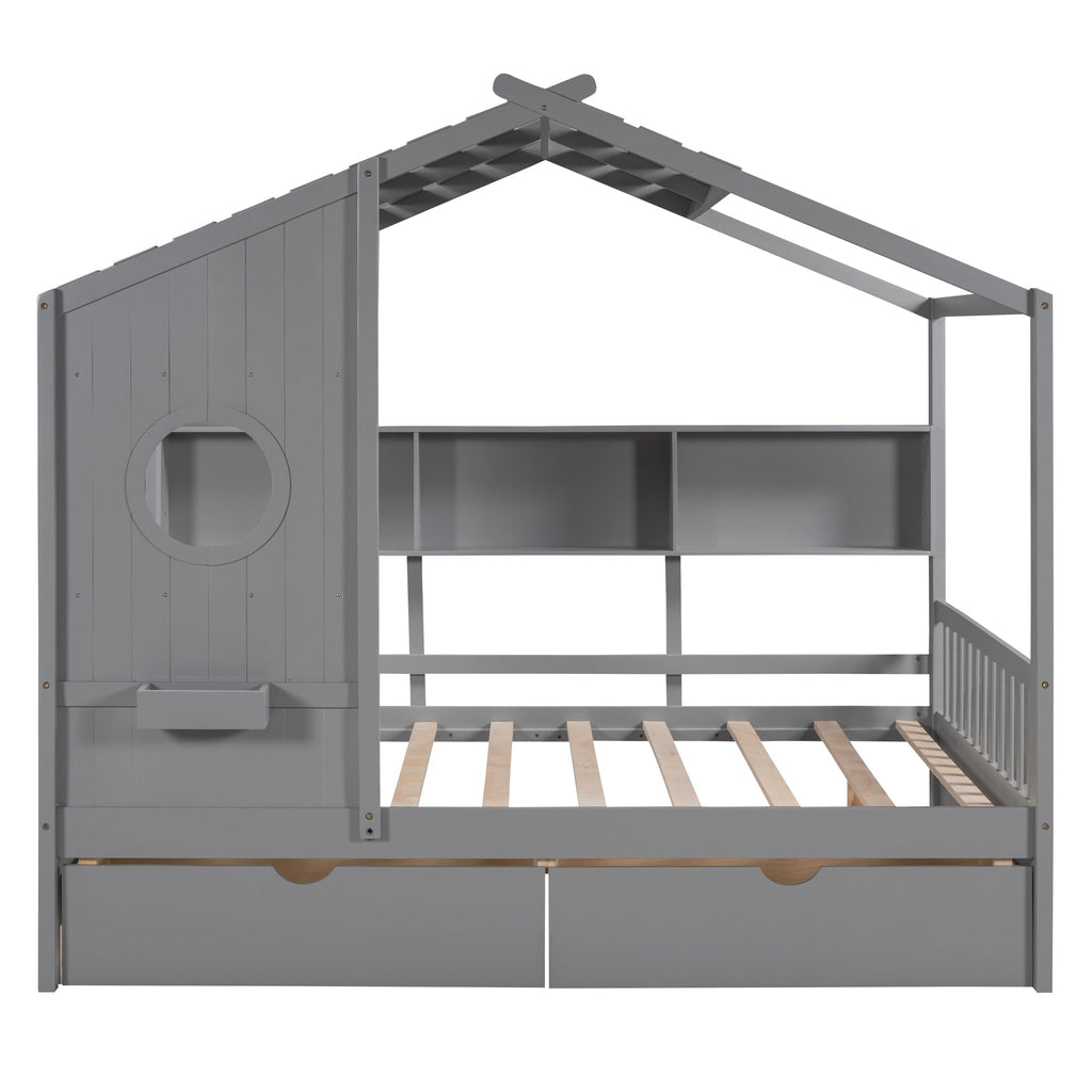 Wooden Full Size House Bed with 2 Drawers,Kids Bed with Storage Shelf, Gray(Old SKU: HL000052AAE)