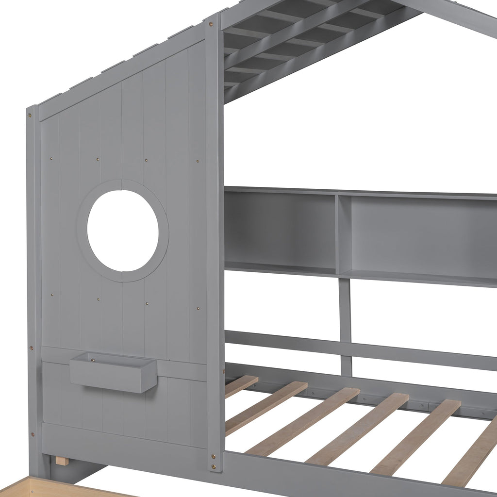 Wooden Twin Size House Bed with 2 Drawers,Kids Bed with Storage Shelf, Gray(Old SKU: HL000051AAE)