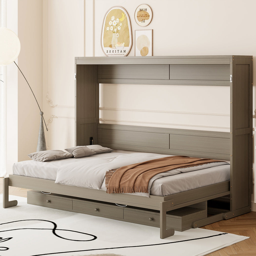 Queen Size Wall Murphy Bed with Storage, Foldable Cabinet Bed with Vanity Desk, Center Mirror & 2 Side Drawers, Distressed Gray