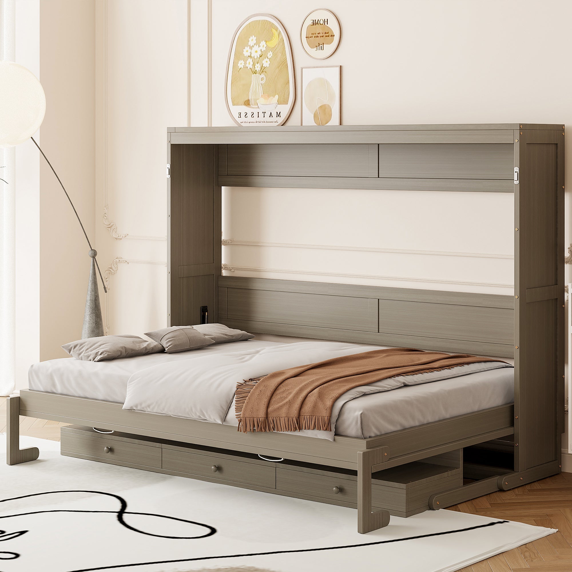 Queen Size Wall Murphy Bed with Storage, Foldable Cabinet Bed with Vanity Desk, Center Mirror & 2 Side Drawers, Distressed Gray