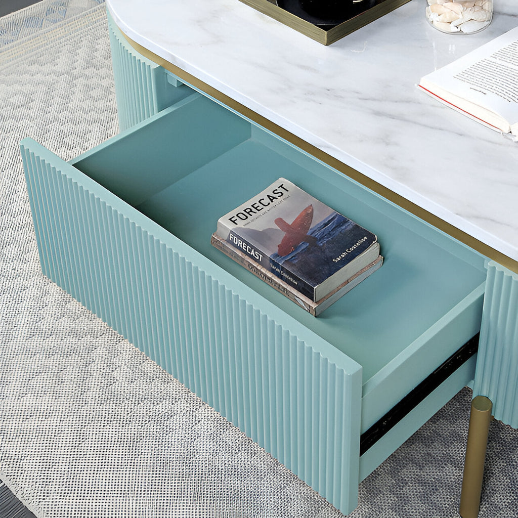 Glam Contemporary Light Teal 1pc Coffee Table White Faux Marble Top Living Room Table W Drawer