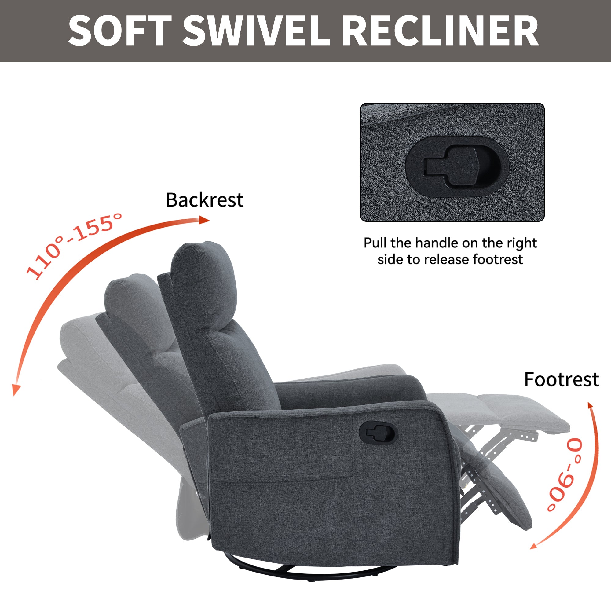 Heat Massage Manual Recliner Chair with Rocker and Swivel in Fabric for Living Room, Grey