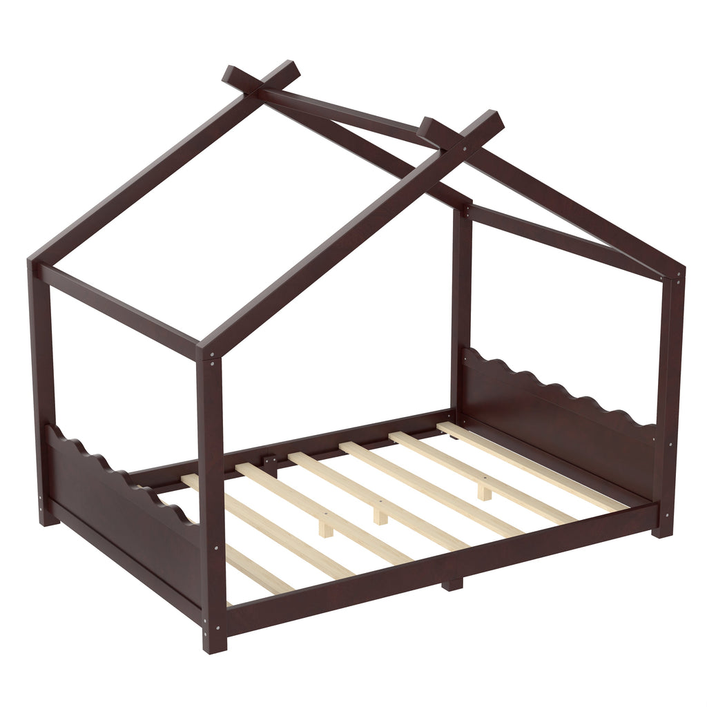 Full House Floor Bed with Support Slats, Solid Wood House Bed Frame for Kids, No Box Spring Needed and Opening Constructure, Espresso