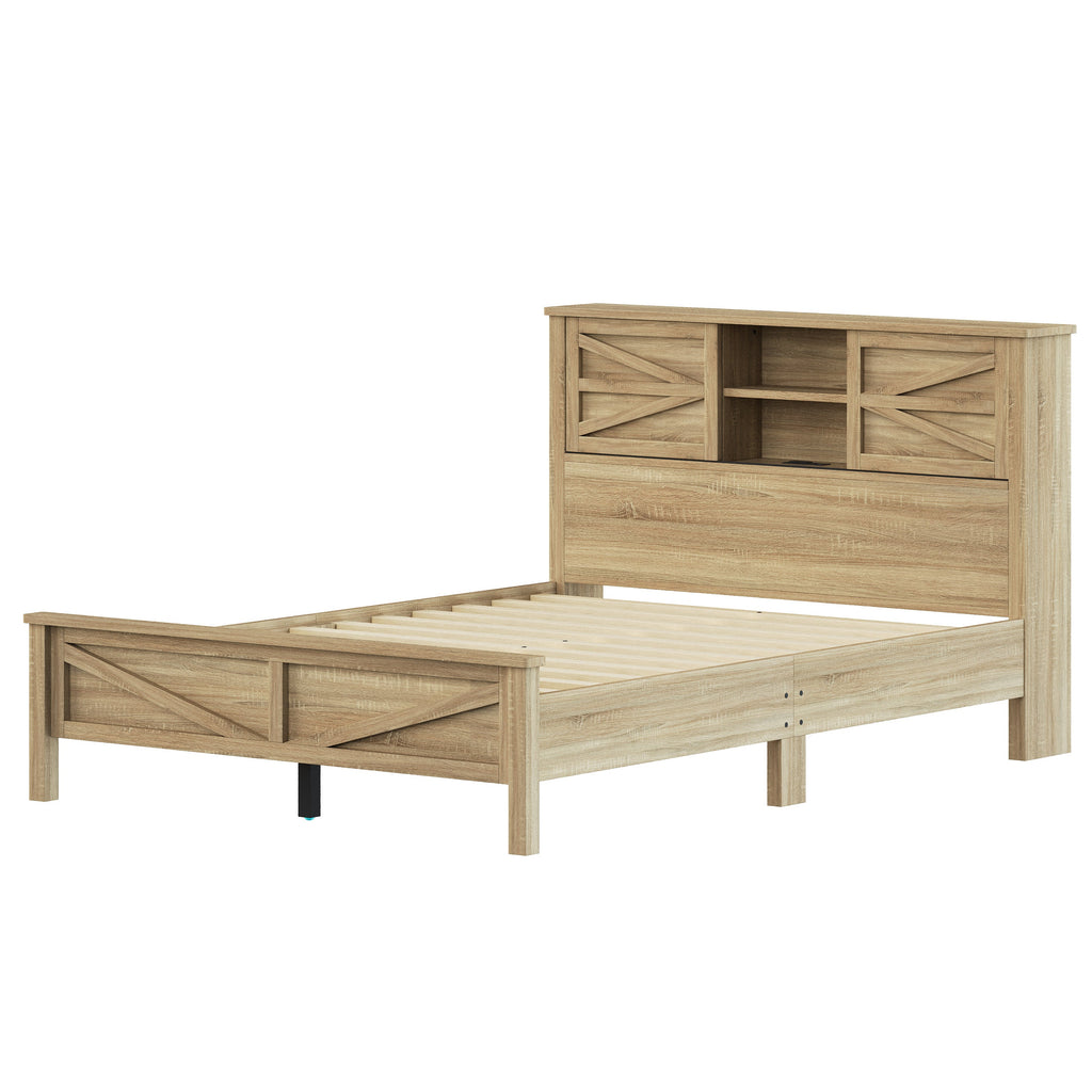 3-Pieces Bedroom Sets Queen Size Farmhouse Platform Bed with Double Sliding Door Storage Headboard and Charging Station, Storage Nightstand and Dresser, Natural