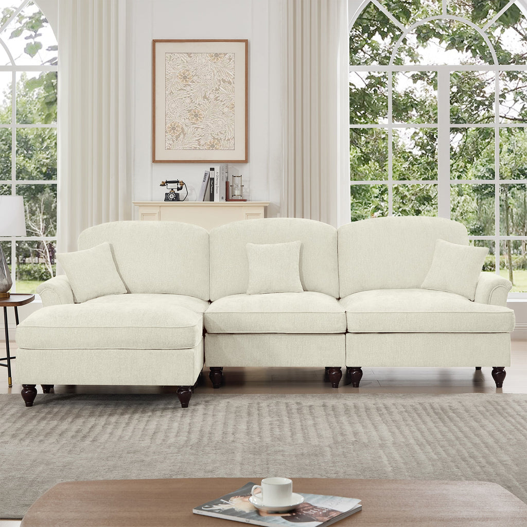 Mid Century Three Seater Modular L Shaped Sectional Couch with Flared Arms and Removable Ruffles Pleats Skirts and Spindle Legs, Comfy Chenille 3-Seat Deep Seat Sofa with Movable Ottoman, Beige White