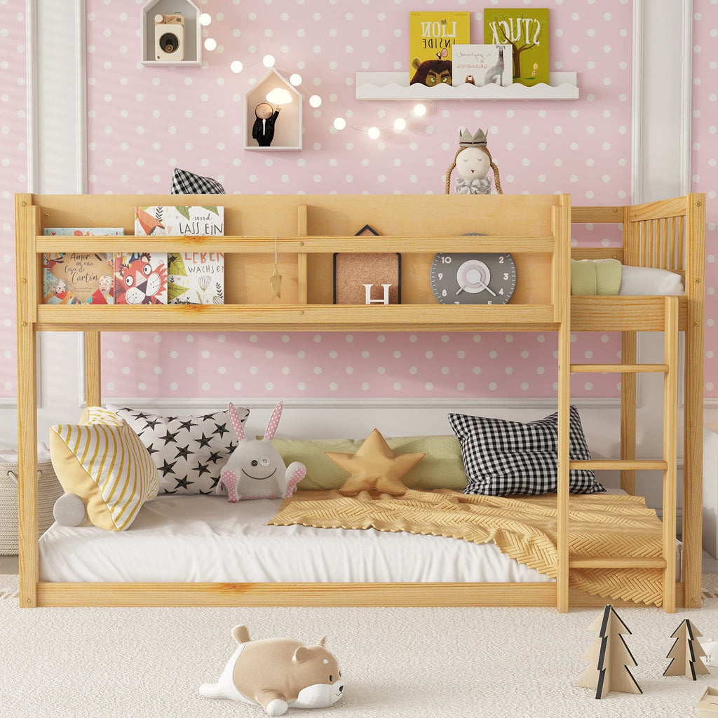 Low Twin Over Twin Bunk Bed, Floor Bunk Bed with Ladder, Solid Wood Twin Bunk Bed for Kids & Juniors, Natural(Expect Arrival Date 2025/11/25)