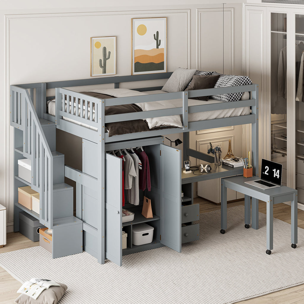 Full Size Loft Bed with Stairs, Bookshelf, Drawers, Desk & Wardrobe – Space-Saving Multifunctional Furniture for Kids & Teens-Gray