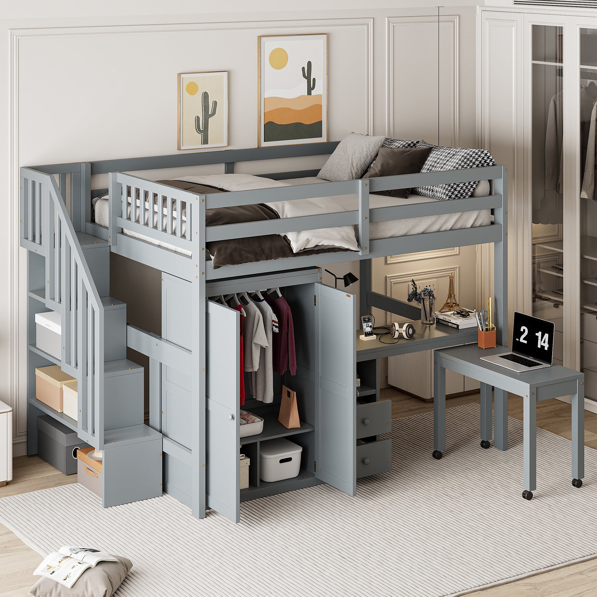 Full Size Loft Bed with Stairs, Bookshelf, Drawers, Desk & Wardrobe – Space-Saving Multifunctional Furniture for Kids & Teens-Gray