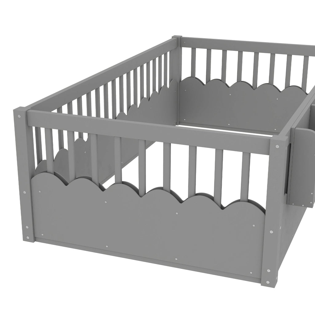 Twin Floor bed with Heightened Fence and bookshelf ,Wood Floor Bed for Kids, Gray.