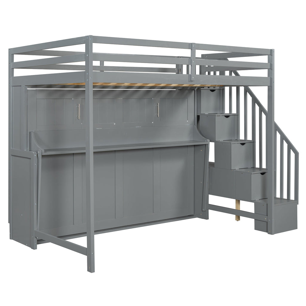Full Over Full Size Murphy Bed with Hydraulic Lift & Desk Design, Gray