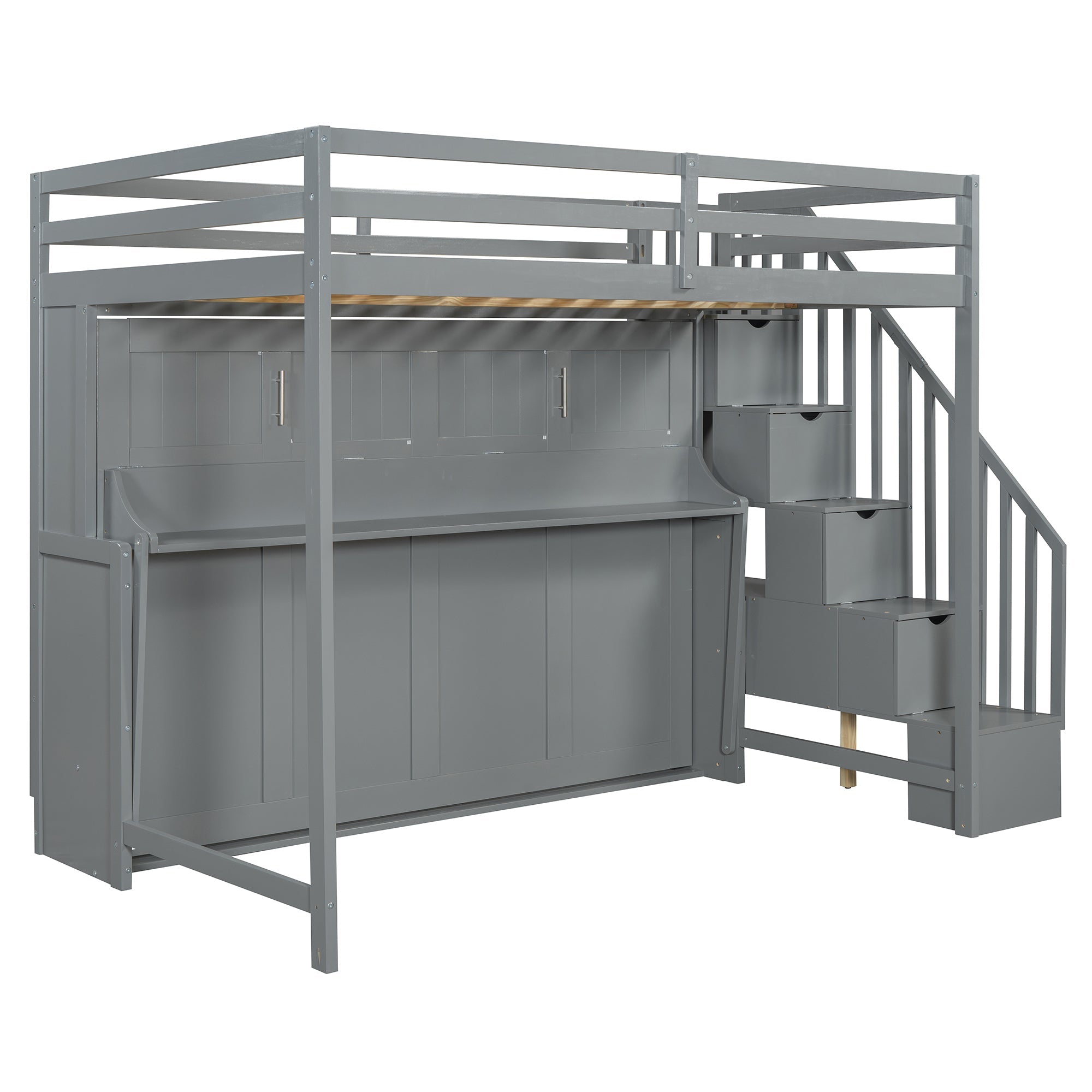 Full Over Full Size Murphy Bed with Hydraulic Lift & Desk Design, Gray