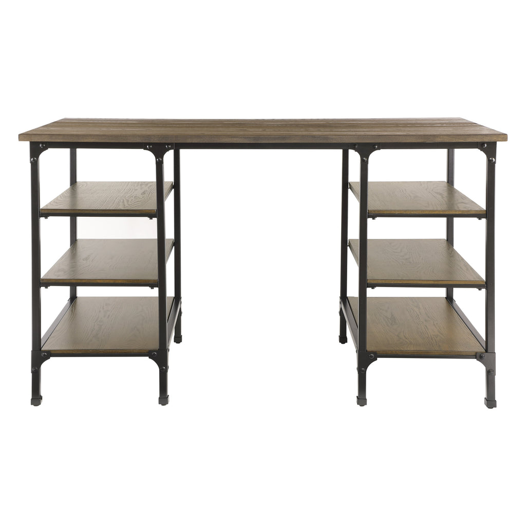 Modern Traditional Aesthetic 1pc Counter Height Writing Desk with 6x Shelves Natural Finish and Rustic Black Metal Finish