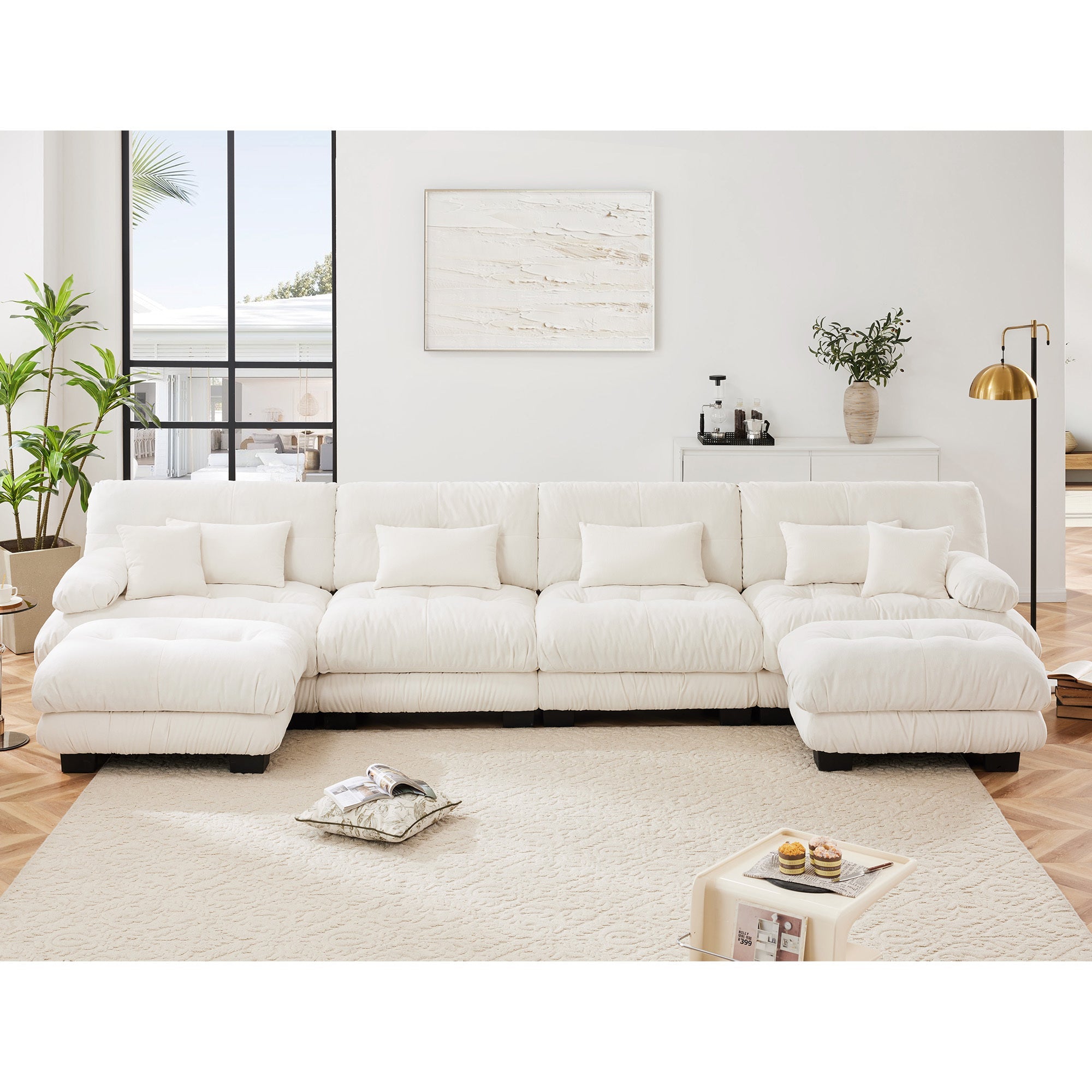 Free Combination Modular Sectional Sofa,U Shaped Couch for Living Room, 4-Seater Comfy Cloud Couch with 2 Ottomans, Chenille White