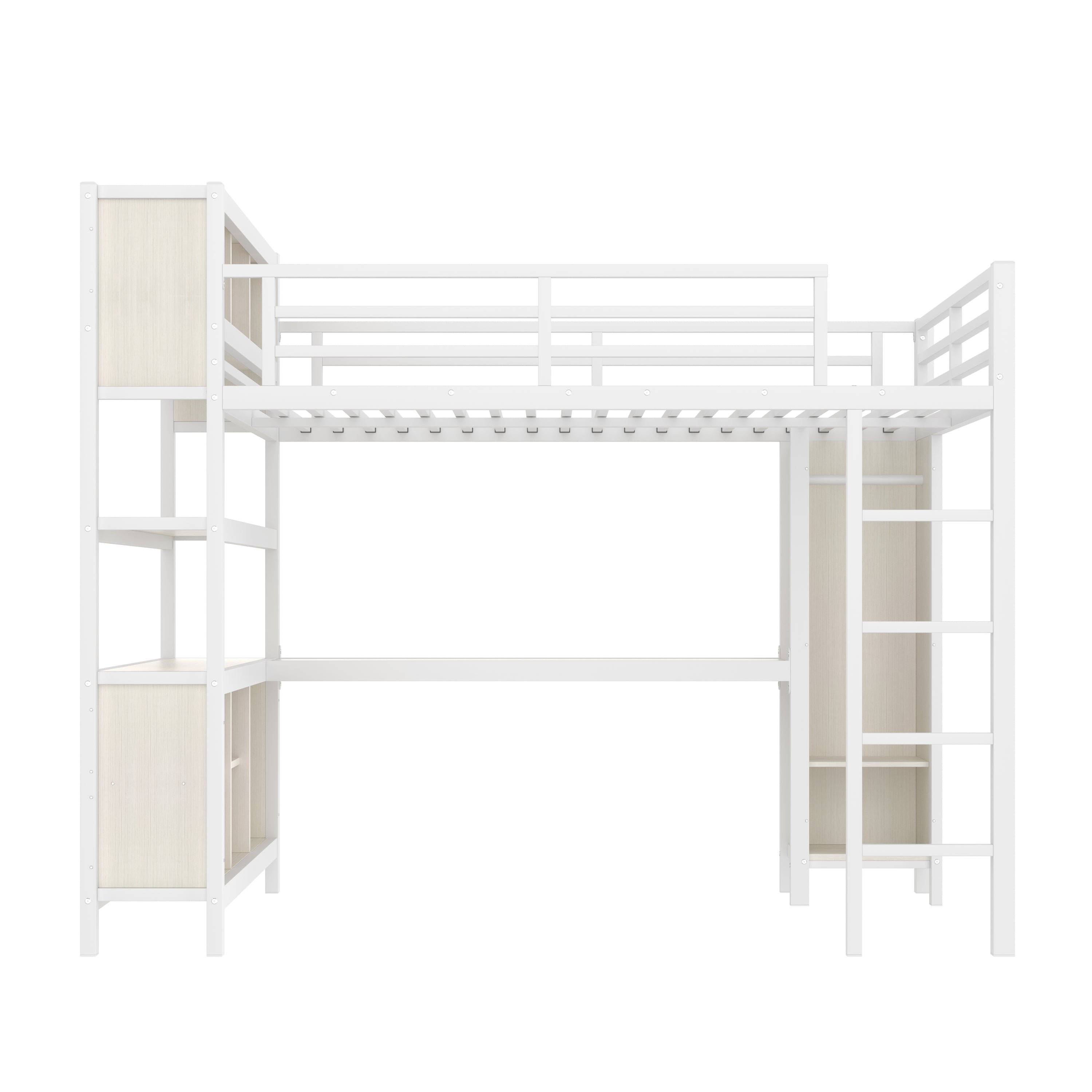 Metal Loft Bed with Wardrobe And L-shaped Desk, Queen Size Loft Bed with Storage Cubes and Shelves, Heavy Duty Loft Bed for Kids Teens Adults, White Wood-grain