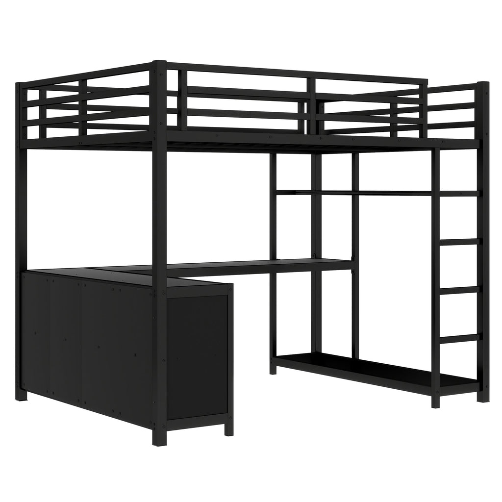 Metal Loft Bed with Wardrobe and L-shaped Desk, Full Size Loft Bed with Storage Cubes and Shelves, Loft Bed for Kids Teens Adults, Black