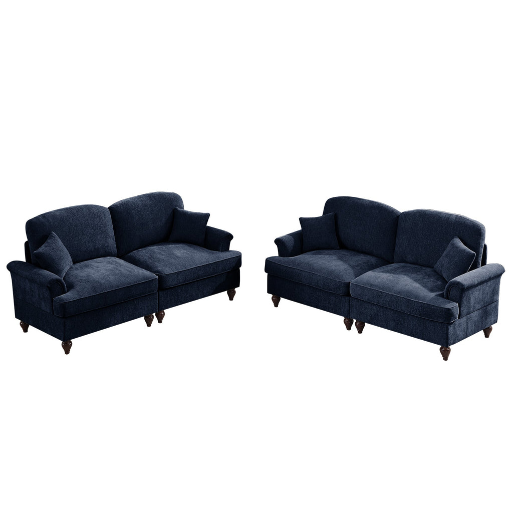 Classic 2 Piece Modular Couch Living Room Sofa Set with Flared Arms and Removable Ruffles Pleats Skirts and Spindle Legs, 2Seater Sofa + 2-Seat Loveseat Sofa Sets for Living Room, Blue