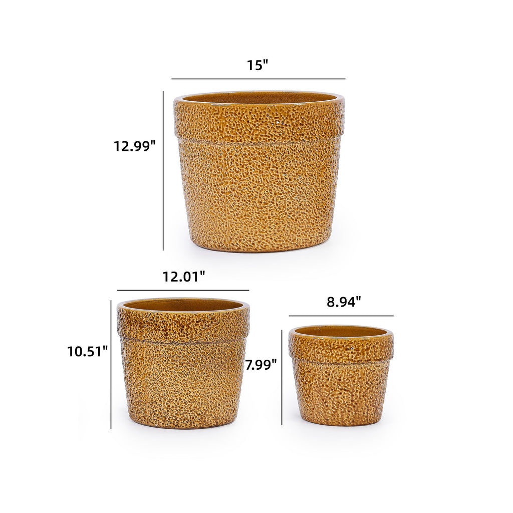 3 Pieces Ceramic Flowerpot, Modern Planter for Patio, Garden or Windowsills - Antique Yellow
