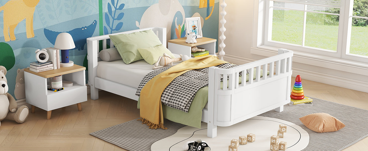 Twin Size Wood Platform Bed for Kids, Wood Low Profile Twin Bed with Rails for Girls and Boys, White (Patented Design)