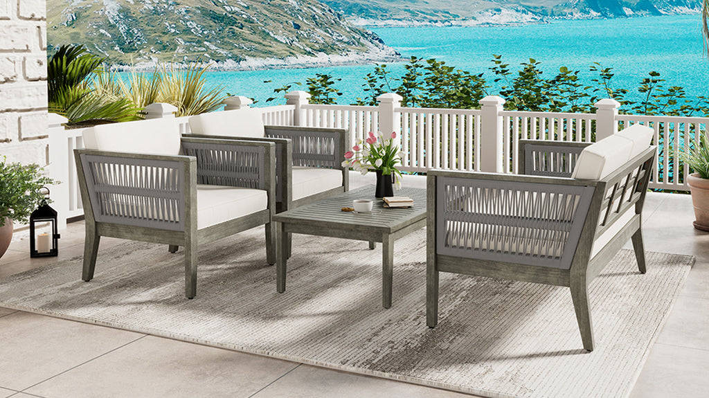 4-Pieces Acacia Wood Patio Furniture Set, Outdoor Furniture with Coffee Table, Patio Conversation Set Deep Seating with Soft Cushion, Porch Chairs for Garden, Backyard Porch Balcony, Grey & Beige