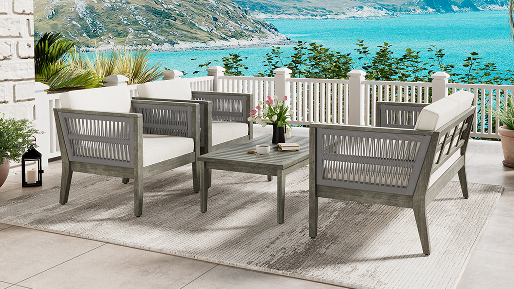 4-Pieces Acacia Wood Patio Furniture Set, Outdoor Furniture with Coffee Table, Patio Conversation Set Deep Seating with Soft Cushion, Porch Chairs for Garden, Backyard Porch Balcony, Grey & Beige