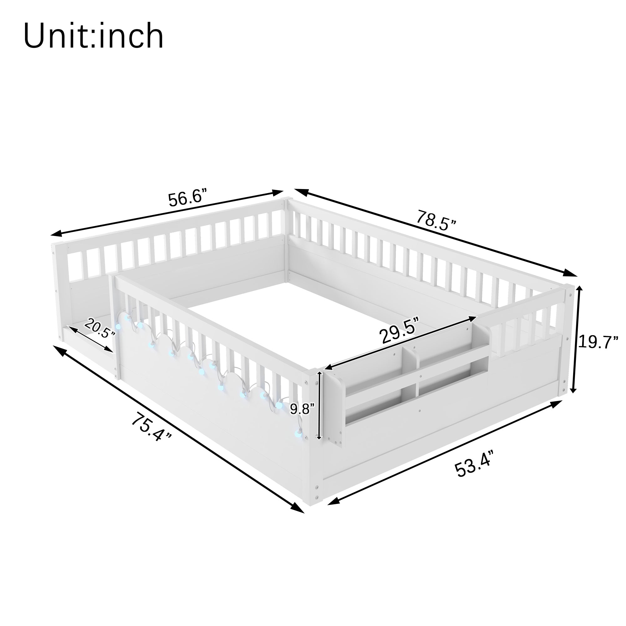 Full Montessori Floor Bed Frame with High Rails, Wood Kids Floor Beds with Light and Storage Shelf, White (Expect Arrival Date 2025/8/15)