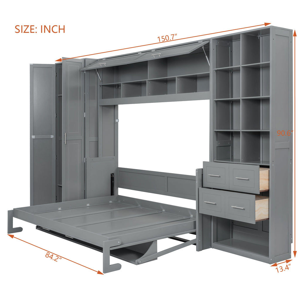 Queen Size Murphy Bed Wall Bed with Closet , Drawers and Shelves,Gray