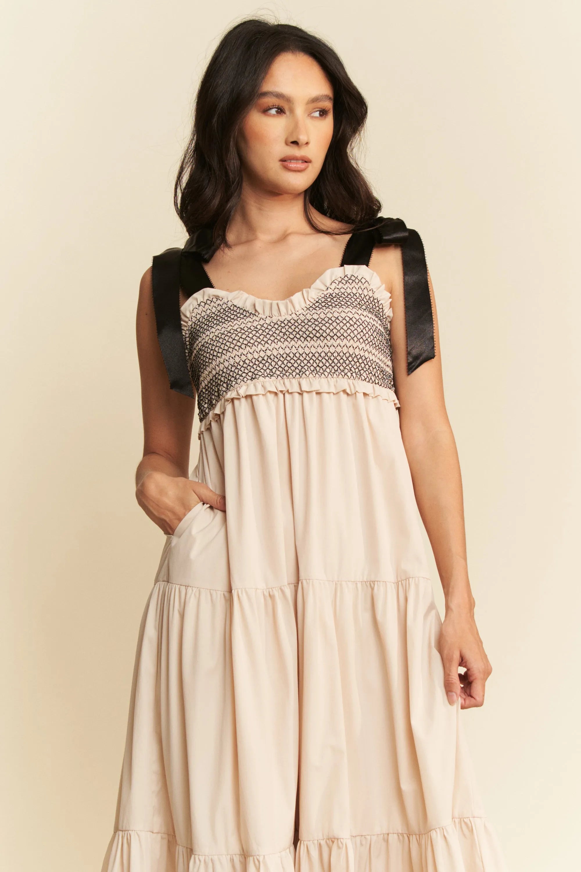 Davi & Dani Multi Contrast Smocked Bodice Straps Maxi Dress