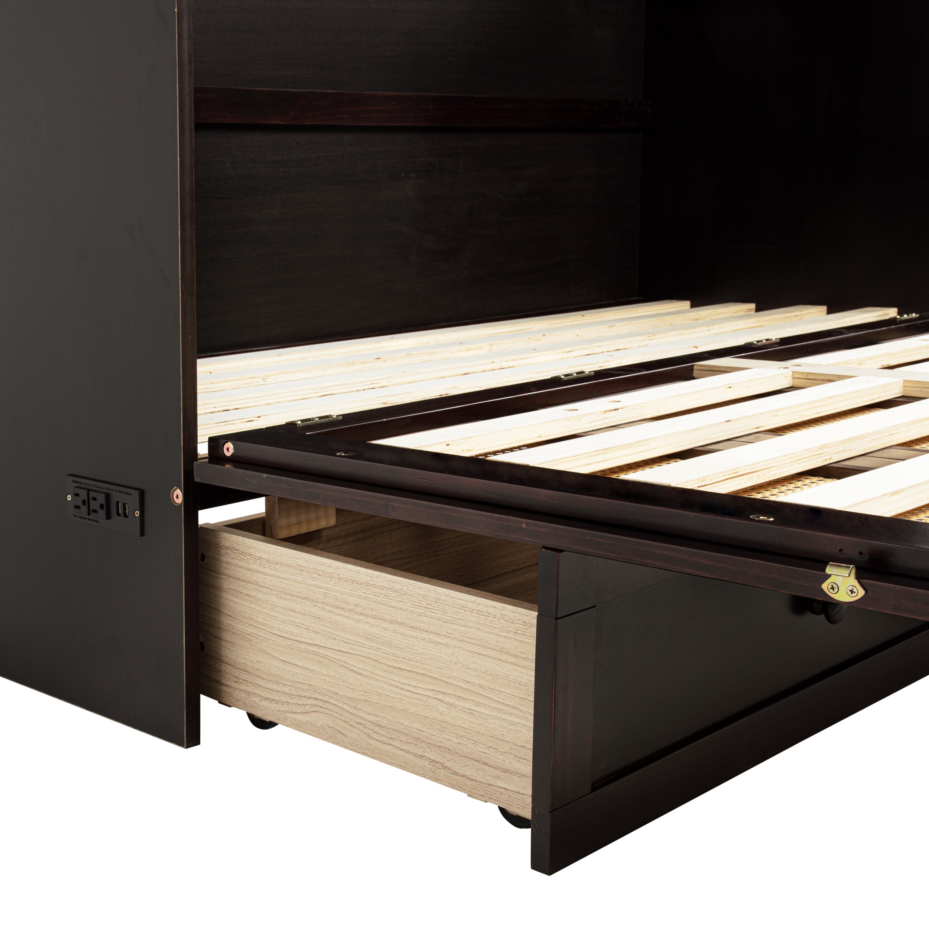 Queen Size Murphy Bed, Pine Wood Cabinet Bed with Power Station and Rattan Decoration Panel,Espresso
