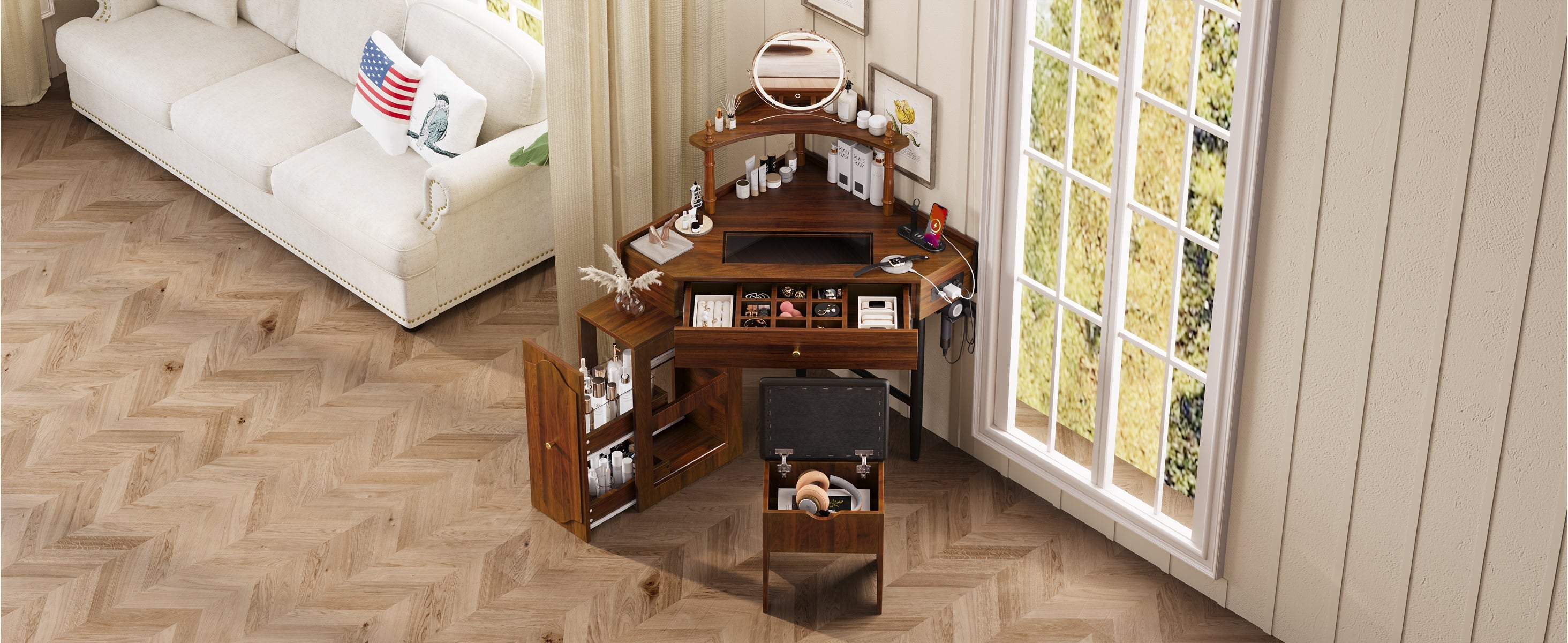 Corner Vanity Desk Set with Storage Cushioned Stool and Charging Station, Triangle Makeup Desk with Removable Pull-Out Side Cabinet, Glass Tabletop Makeup Vanity Desk with Drawer and Shelf, Walnut