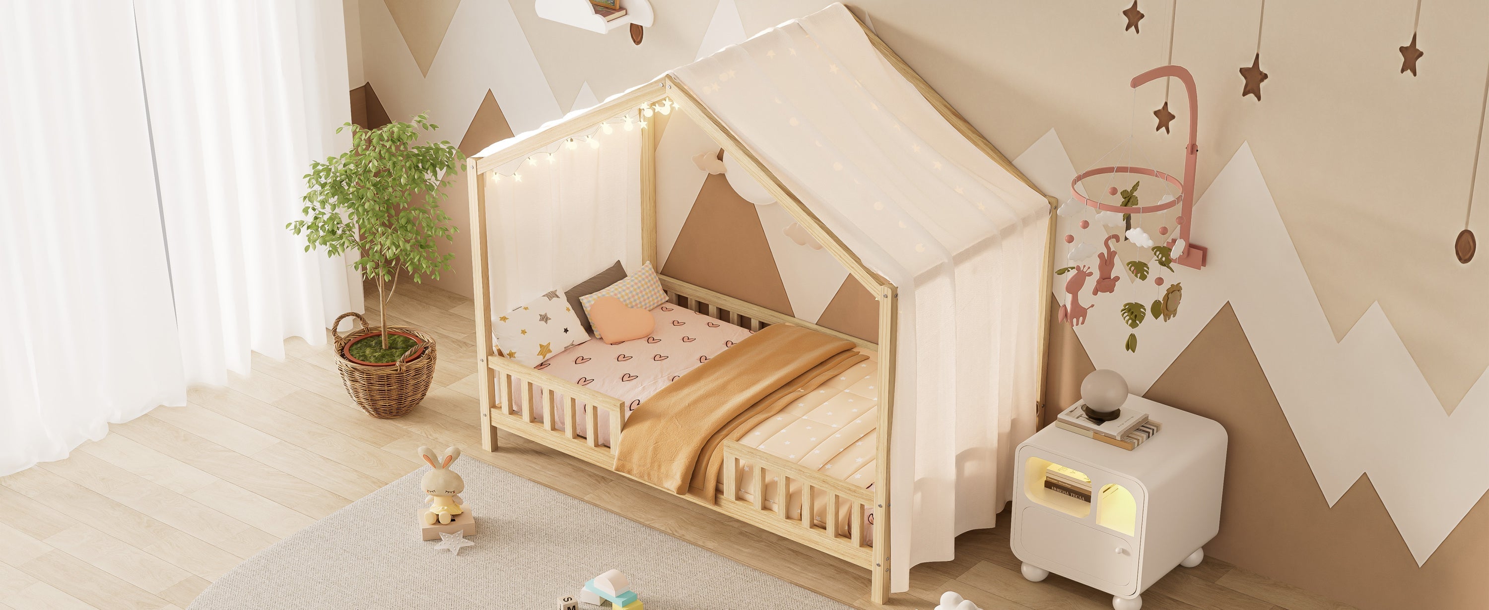Montessori Floor Bed with Canopy, Twin Bed Frame for Kids, House Shape Kids Bed Frame with High Railings, Wood Kids Bed with Roof, Kid Twin Bed, Natural