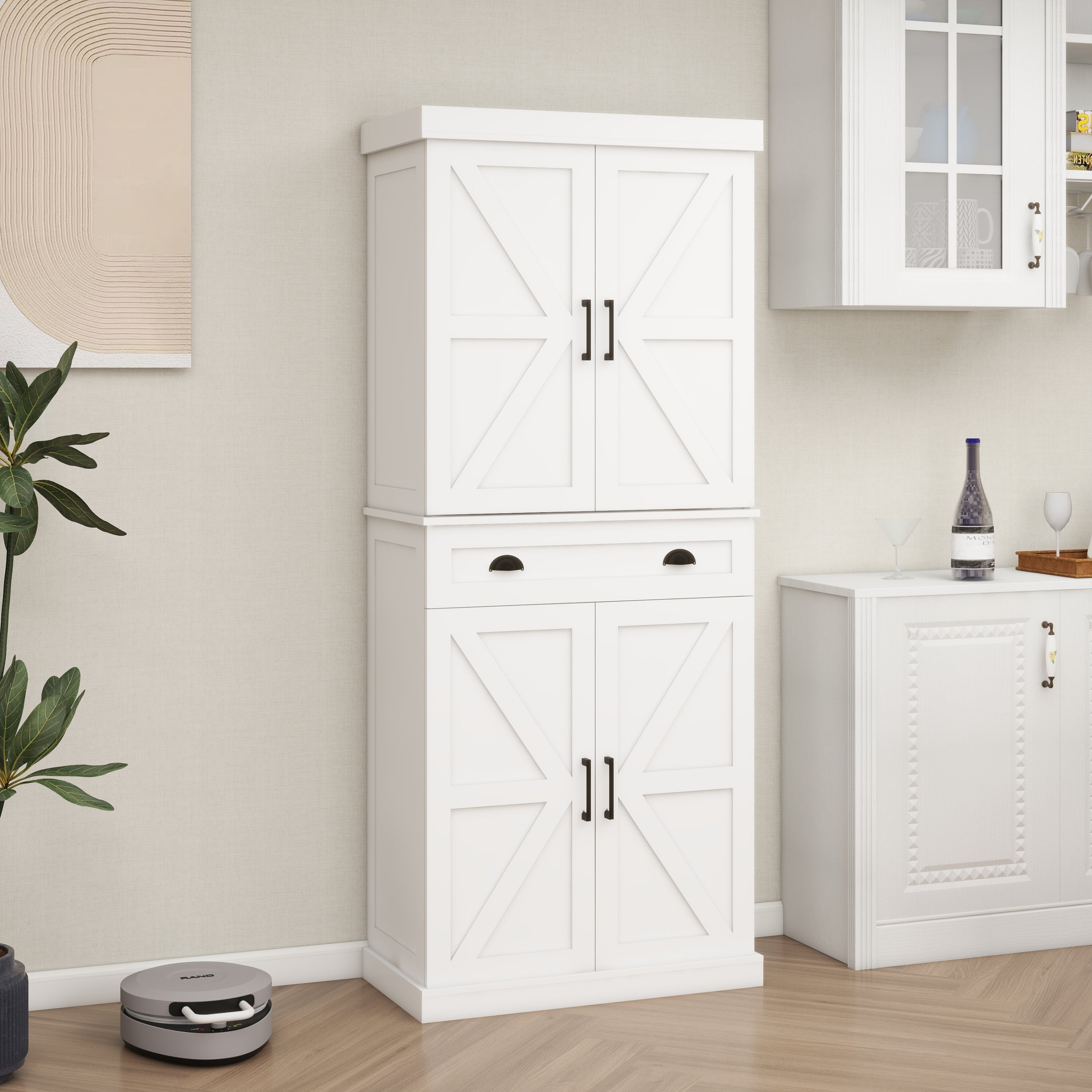 71" Kitchen Pantry Storage Cabinet  with 4 Doors(2Doors with Racks),1 Drawer, 2 Adjustable Shelves, Freestanding Cupboard for Kitchen, Dining Room and Living Room-White
