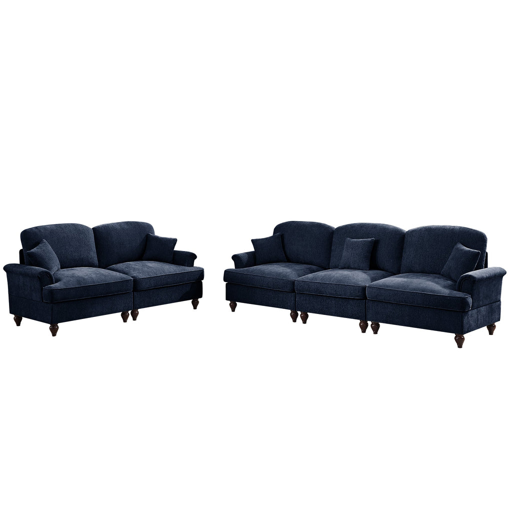 Classic 2 Piece Modular Couch Living Room Sofa Set with Flared Arms and Removable Ruffles Pleats Skirts and Spindle Legs, 3 Seater Sofa + 2-Seat Loveseat Sofa Sets for Living Room, Blue