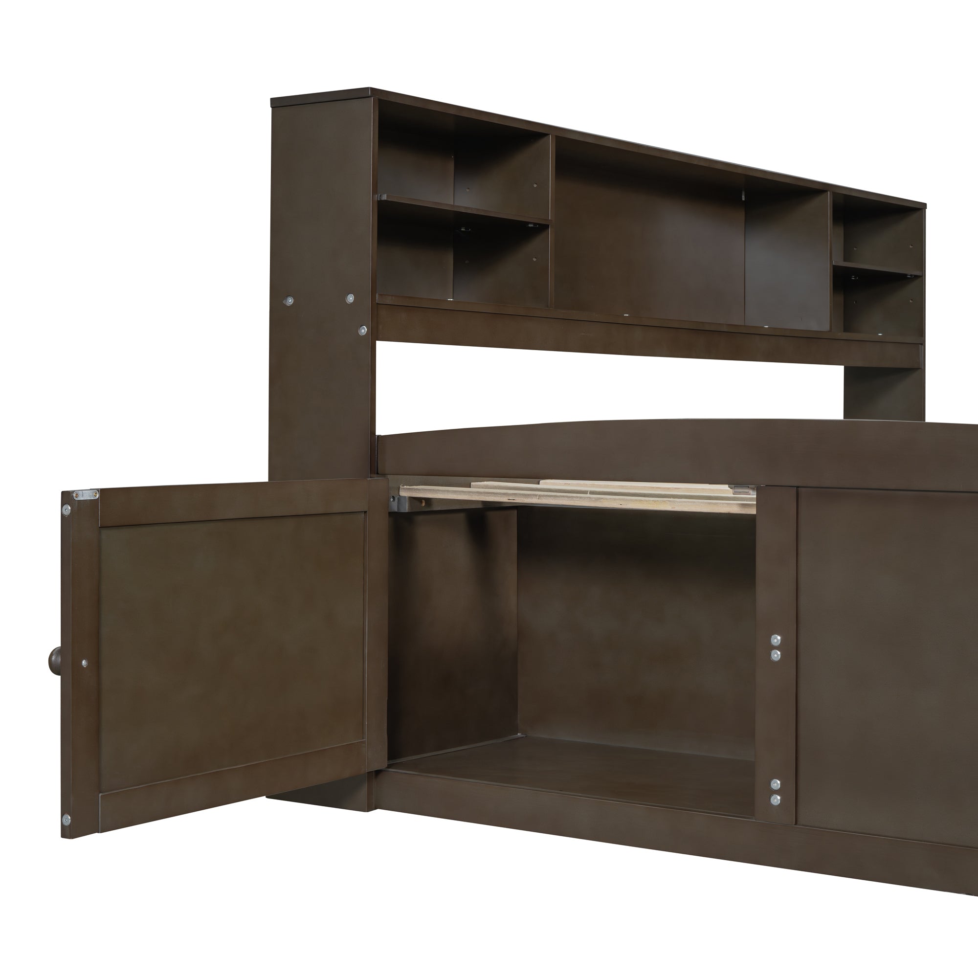 Full Size Wood Daybed with 2 Bedside Cabinets, Upper Shelves and 4 Drawers, Antique Brown