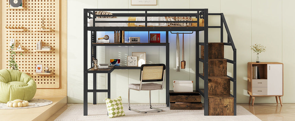Full Size Loft Bed with LED Light & Charge Station, Metal Loft Bed with Desk and Staircase, Loft bed with Wardrobe for Kids, Black (Expect Arrival Date 2025/4/30)