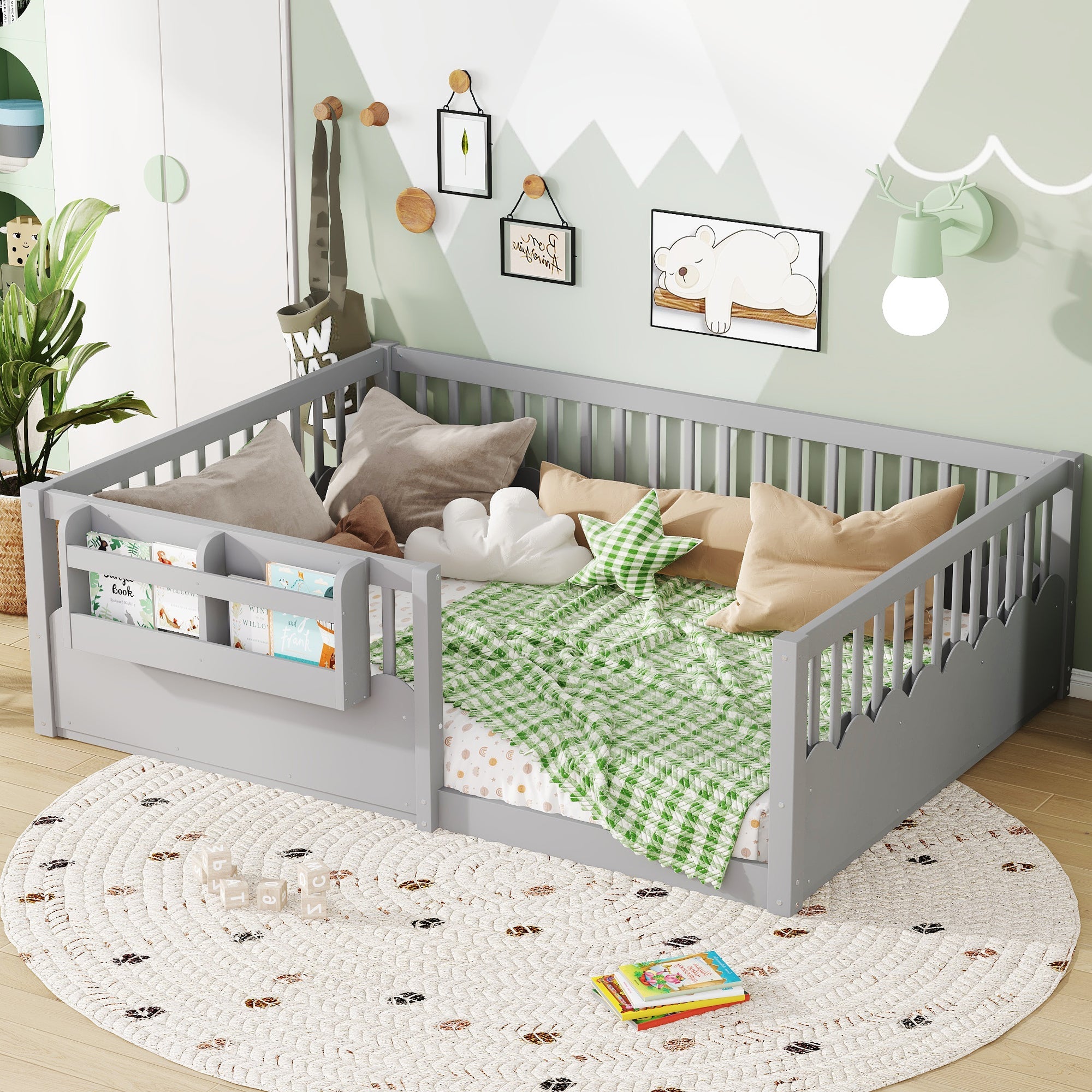 Full Floor bed with Heightened Fence and bookshelf ,Wood Floor Bed for Kids,Gray.