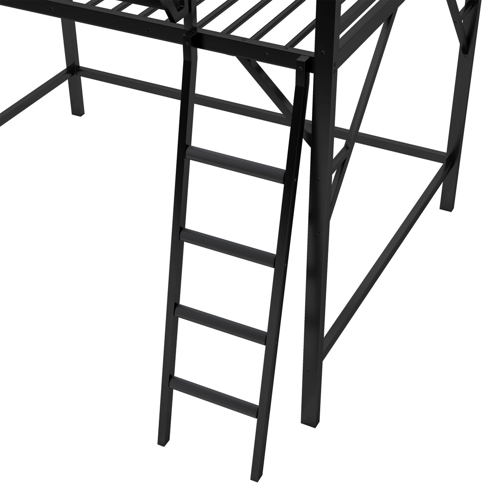 Queen Size Loft Bed with Ladder, Metal Queen Loft Bed with Storage Shelves, High Loft Bed for Kids Teens, Black(Expect Arrival Date 2025/12/3, Old SKU W2580P353530)